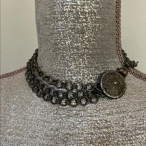 Vintage Victorian Boho 3 Chain Necklace Choker with Floral Medallion 15”